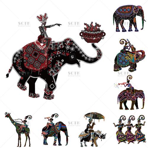 非洲传统特色人物大象素材泰国原始部落象神图腾象背演奏民族素材