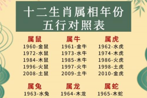 年份生肖五行对照表(年份生肖五行表图)