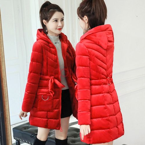 2023新款棉衣女中长款韩版修身大码棉服冬季外套金丝绒棉袄反季 红色